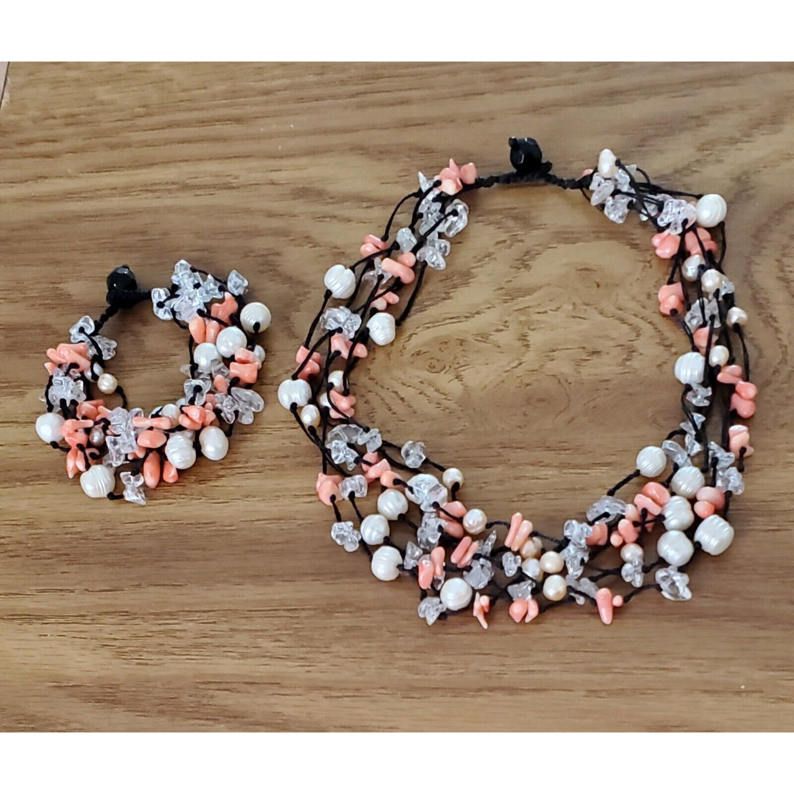 Multi Stone Bead Necklace And Bracelet Set Pearl Coral White Quartz